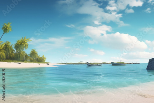 Tropical palm beach island with white sand beach and clear blue sky. Background wallpaper or header for travel and tourism purposes. © Artofinnovation