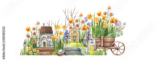 Fairy tale watercolor illustration. Flower street with a spring garden, daffodils, hyacinths, primroses, a wooden cart, old houses and birds. Flowers, cups and houses.