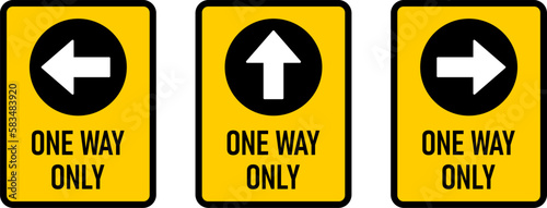 Set of One Way Only Vertical Warning Sign Poster or Sticker Design Icon with Direction Arrow and Text. Vector Image.