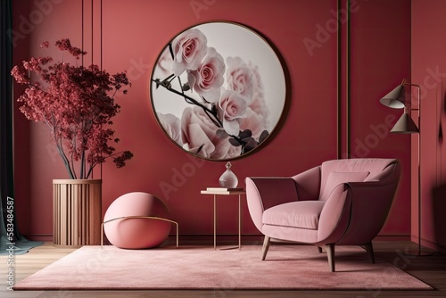 mock up of a circle painting in a fashionable living room with a contemporary pink armchair and a decorative arch with fashionable dried flowers on a dark red wall,. Generative AI