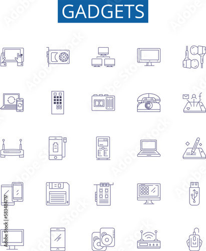 Gadgets line icons signs set. Design collection of devices, electronics, appliances, tools, technology, toys, iPhones, computers outline concept vector illustrations