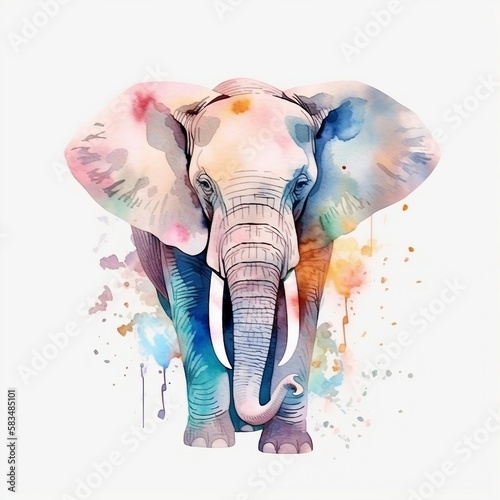 Watercolor Elephant portrait, painted illustration of a safari mammal on a blank background, Colorful splashes animal head, AI generated