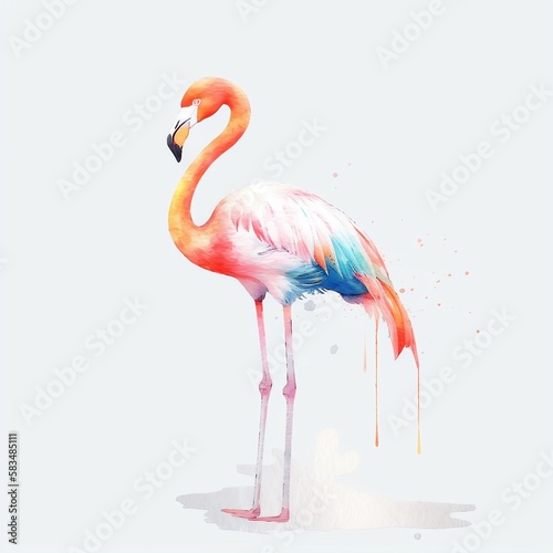 Watercolor Flamingo portrait  painted illustration of a cute pink bird on a blank background  Colorful splashes body  AI generated