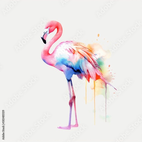 Watercolor Flamingo portrait  painted illustration of a cute pink bird on a blank background  Colorful splashes body  AI generated