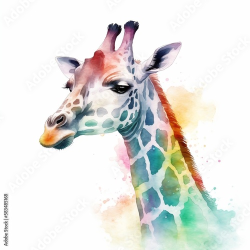 Watercolor Giraffe portrait, painted illustration of a cute safari giraffe on a blank background, Colorful splashes animal head, AI generated © FishPouch