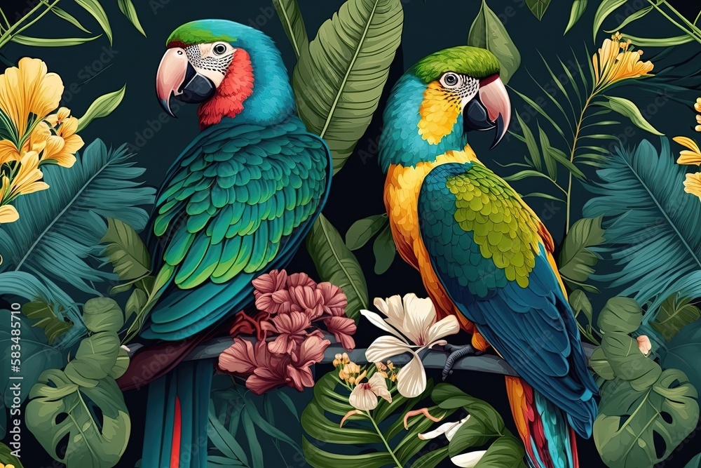 A colorful scene of tropical foliage with playful and vibrant parrots perched on the branches. Generative of AI