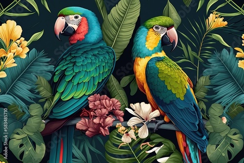 A colorful scene of tropical foliage with playful and vibrant parrots perched on the branches. Generative of AI © Coosh448