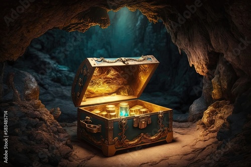 A treasure trove in a cave, with glimmering jewels, gold coins, and other precious objects scattered about. The dark and mysterious atmosphere. Generative of AI