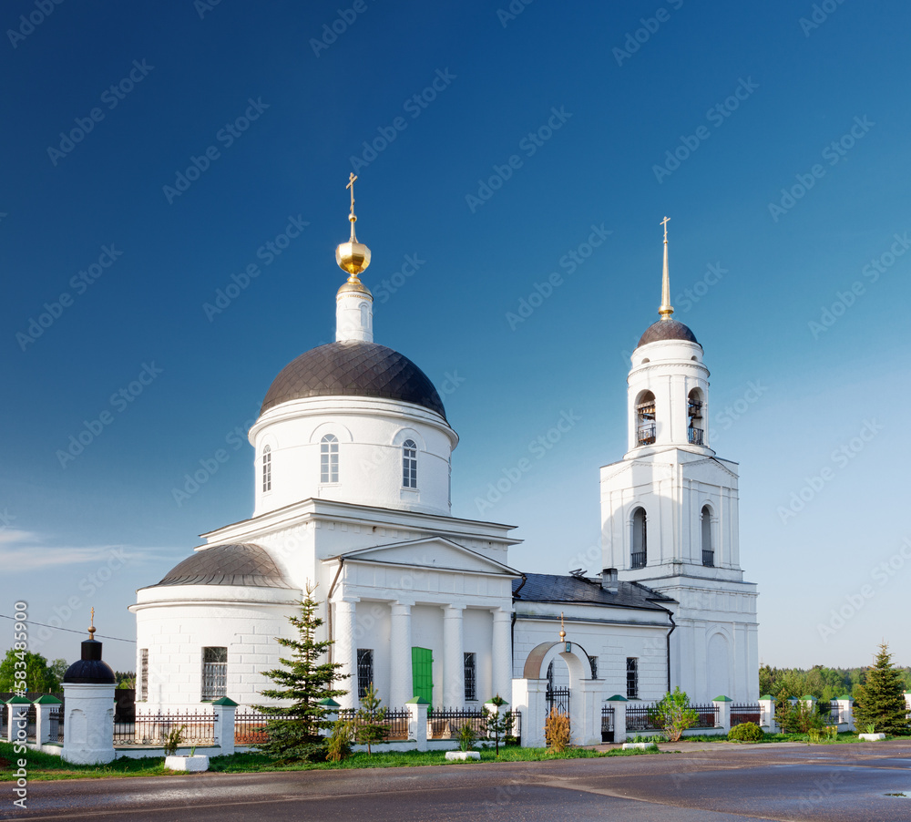 White orthodox church in Radonezh village, Russia