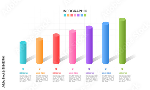 7 Bars chart 3D graph timeline business statistics. The report, Presentation, Data, Milestone, and Infographic. Vector illustration.