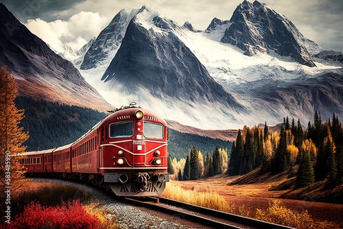 A red train traveling through a beautiful mountainous landscape. Generative of AI