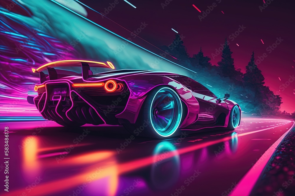 A sleek and futuristic car bathed in neon lights, with its aerodynamic design and bold colors standing out on the city streets. Generated by AI
