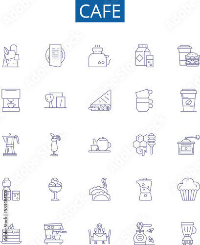 Cafe line icons signs set. Design collection of Cafe, Coffee, Restaurant, Latte, Espresso, Breakfast, Tea, Bistro outline concept vector illustrations