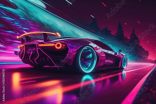 A sleek and futuristic car bathed in neon lights  with its aerodynamic design and bold colors standing out on the city streets. Generated by AI
