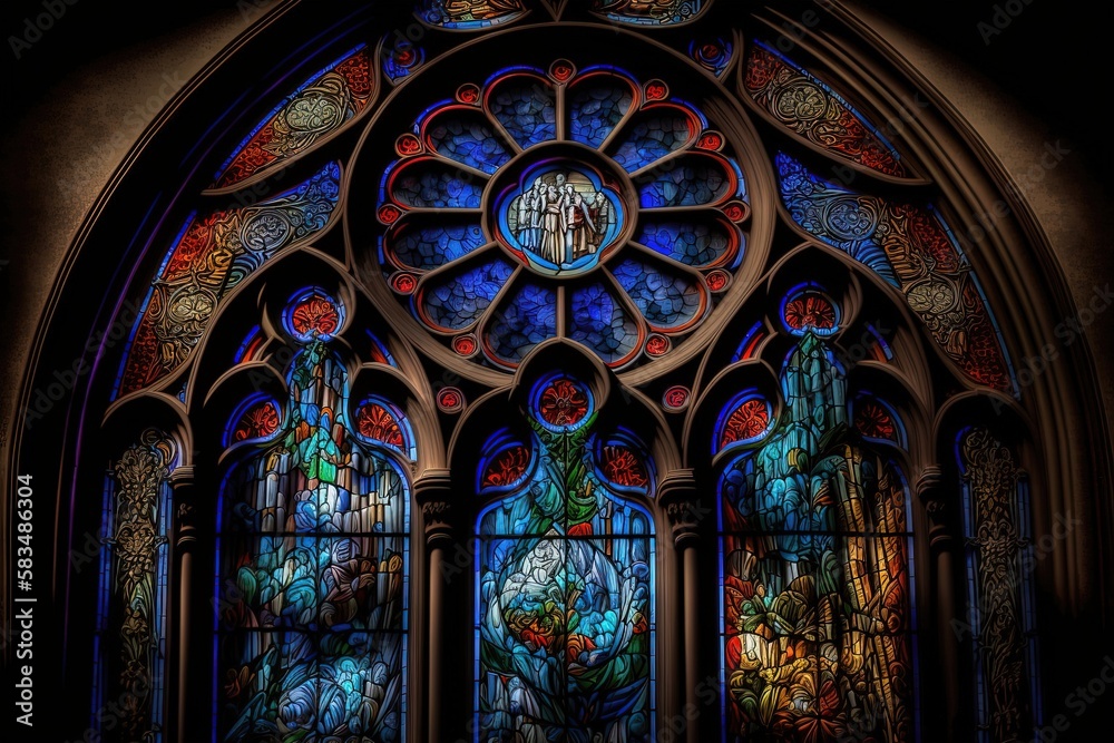 A window with a mosaic of nature scenes, including flowers, trees, and animals, in a church that celebrates God's creation. Generated by AI