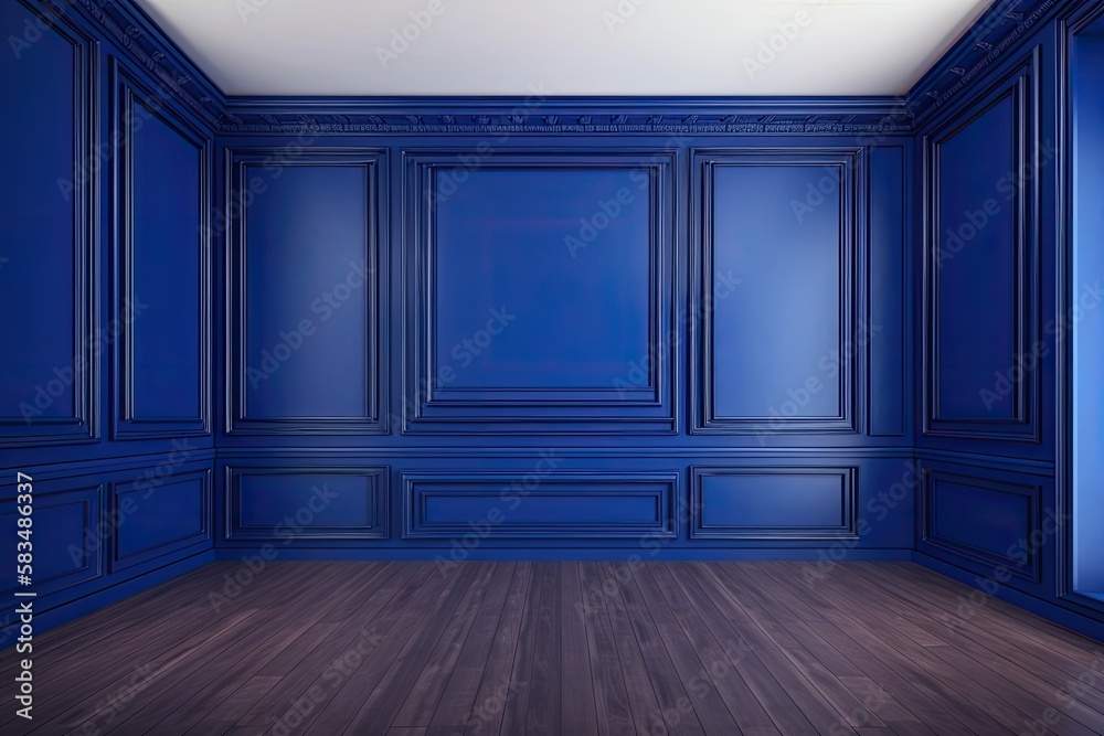 Illustration mockup of a contemporary classic royal blue vacant interior with wooden floors and wall panels. Generative AI Illustration mockup of a contemporary classic royal blue vacant interior with wooden floors and wall panels. Generative AI