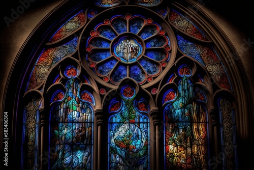 A window with a mosaic of nature scenes  including flowers  trees  and animals  in a church that celebrates God s creation. Generated by AI