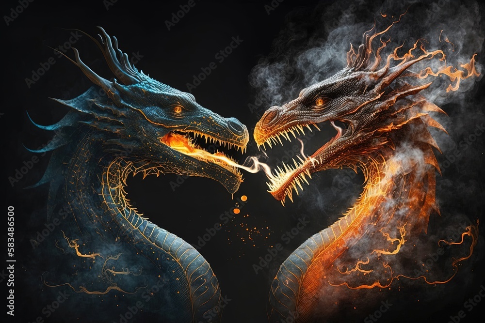 Two ferocious dragons engaged in a fiery battle, with flames and smoke rising all around them. Generated by AI Two ferocious dragons engaged in a fiery battle, with flames and smoke rising all around them. Generated by AI