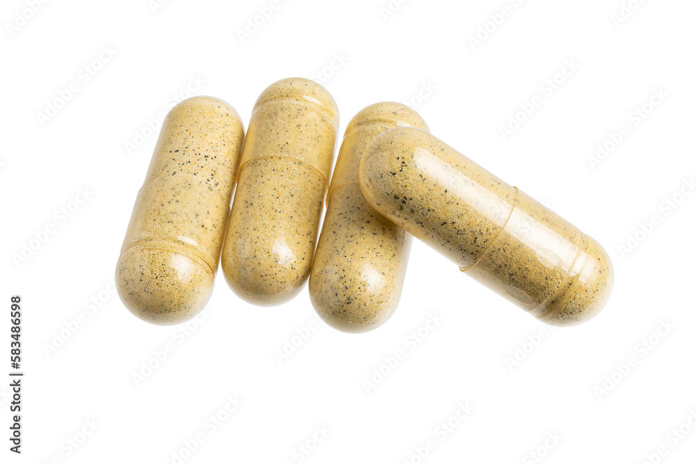 Yellow gel medical capsules, group of vitamin herbal supplement, pills or drugs for treatment, isolated on transparent background, medicine and healthcare concept