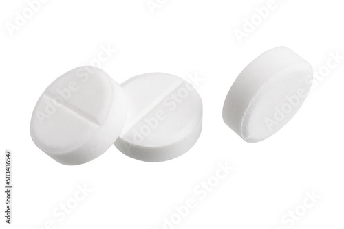 White round pills, group of drugs and tablets for treatment, isolated on transparent background, medicine and healthcare concept