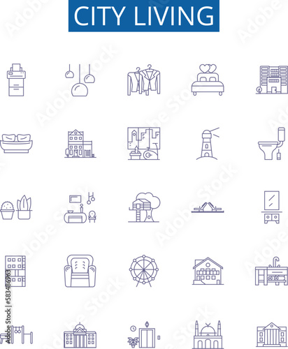 City living line icons signs set. Design collection of Urban, metropolis, cosmopolis, sprawling, dense, congested, hustle, bustle outline concept vector illustrations