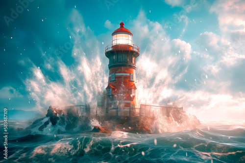 Old Red Lighthouse In Stormy Landscape.AI generated.