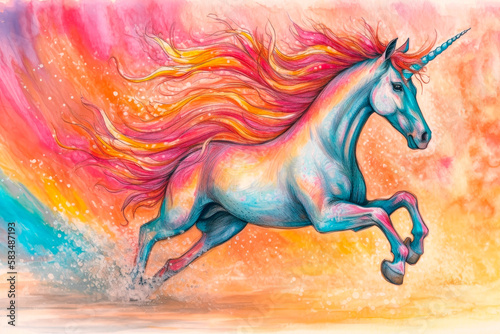 Watercolored pencil art of a colorful unicorn. AI generated.