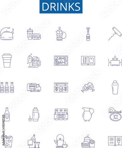 Drinks line icons signs set. Design collection of Beverages, Juice, Soda, Martini, Smoothie, Cocktail, Coffee, Beer outline concept vector illustrations