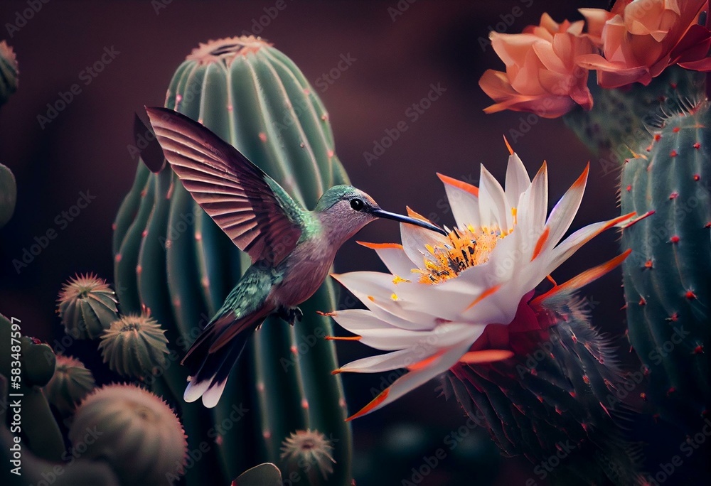 A hovering hummingbird sips nectar and pollinates a cactus flower