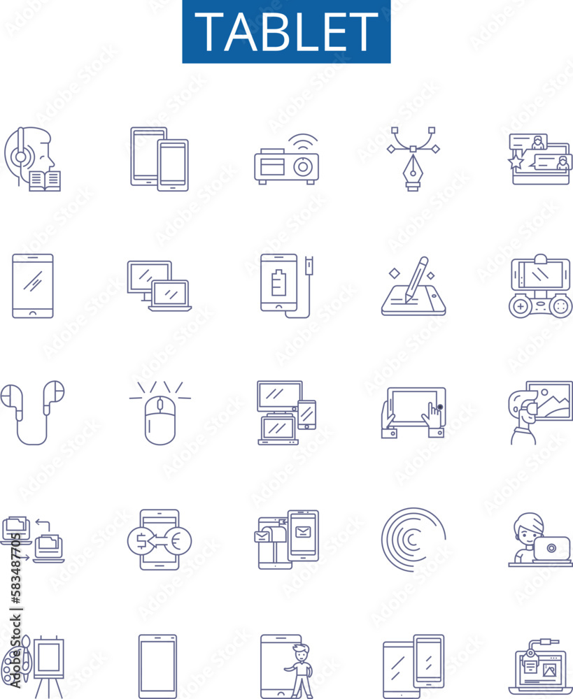 Tablet line icons signs set. Design collection of Tablet, iPad, Android, Samsung, Fire, Windows, Kindle, Computer outline concept vector illustrations