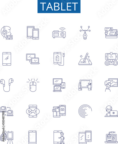 Tablet line icons signs set. Design collection of Tablet, iPad, Android, Samsung, Fire, Windows, Kindle, Computer outline concept vector illustrations photo