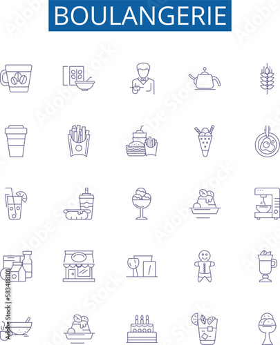 Boulangerie line icons signs set. Design collection of Bakery, Patisserie, Bread, Croissant, Cookies, Viennoiserie, Cake, Tart outline concept vector illustrations