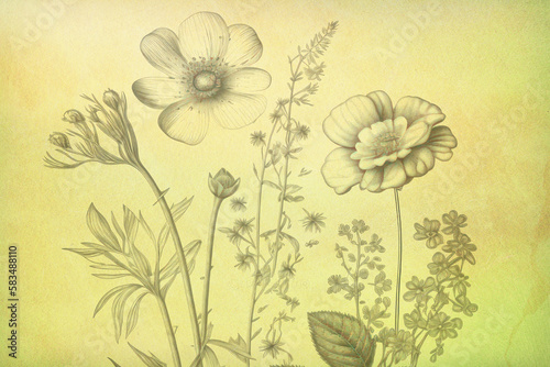 Old vintage paper with flowers drawn in pencil. Floral pattern on retro wallpaper.Sheet of vintage botanist notebook.