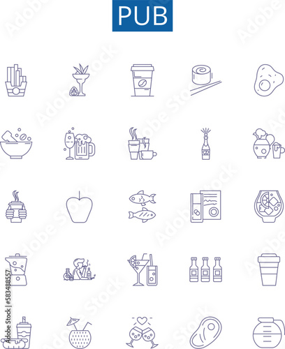 Pub line icons signs set. Design collection of Bar, Alehouse, Tavern, Pubs, Brewery, Taproom, Public House, Watering Hole outline concept vector illustrations