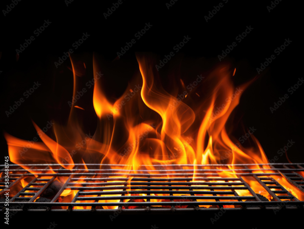 Barbecue Grill With Fire Flames - Empty Fire Grid On Black Background, Generative ai