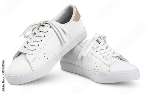 White leather sneakers with shoelaces bows isolated on transparent background with shadow. Full Depth of Field