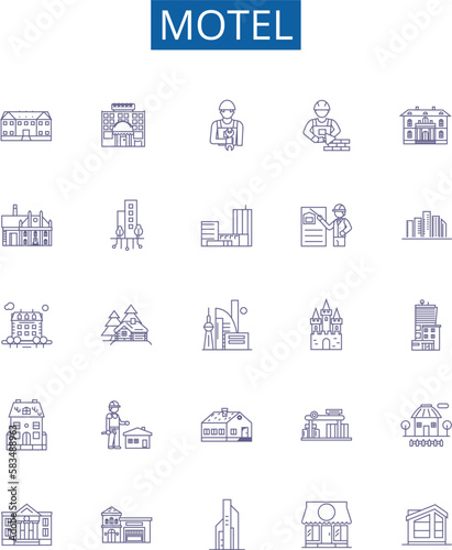 Motel line icons signs set. Design collection of Lodging, Inn, Stopover, Hostel, Resort, Accommodation, Overnight, Rest outline concept vector illustrations