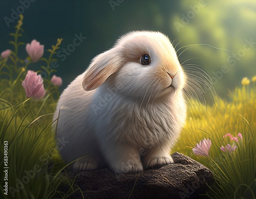 Cute tiny bunny in a spring flowery meadow