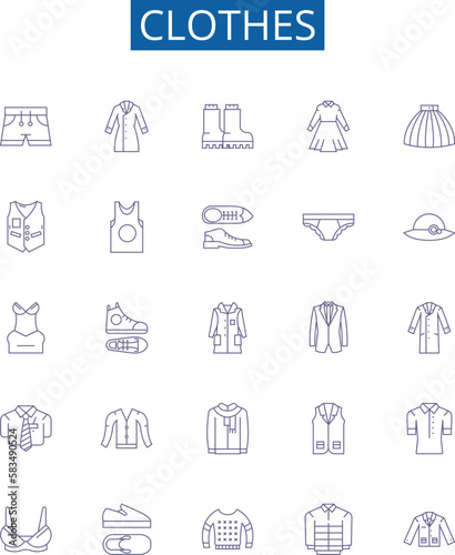 Clothes line icons signs set. Design collection of Garment, Outfit, Apparel, Clothing, Dress, Suit, Shawl, Skirt outline concept vector illustrations