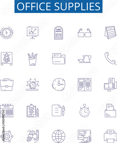 Office supplies line icons signs set. Design collection of Stationery, Pens, Envelopes, Paper, Notepads, Files, Calendars, Staplers outline concept vector illustrations