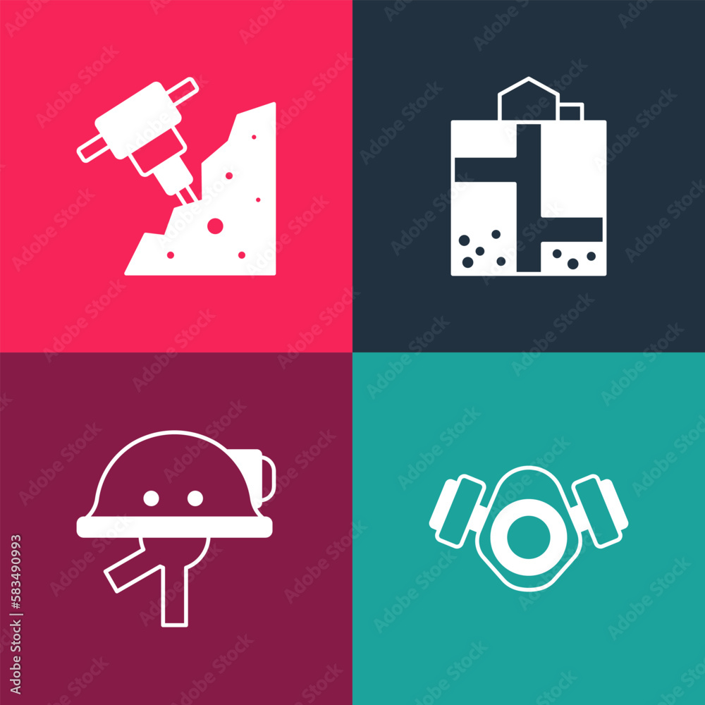 Set pop art Gas mask, Miner helmet, entrance and Construction jackhammer icon. Vector Set pop art Gas mask, Miner helmet, entrance and Construction jackhammer icon. Vector