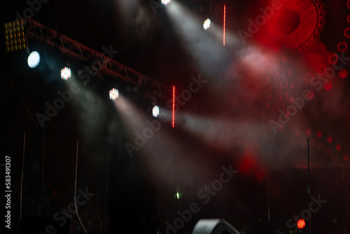 Blurred Lights show. Lazer show night light with smoke and lights.