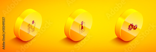 Set Isometric Resume, Identification badge and Human with gear icon. Vector