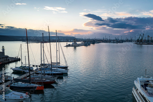 Aerial view of Yachts and boats in the port at sunset. Black sea, Varna, Bulgaria.