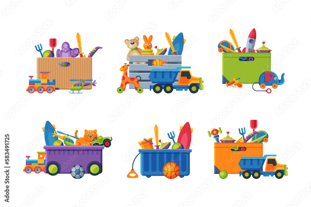 Kids Toy Box with Different Bright Plaything Vector Set