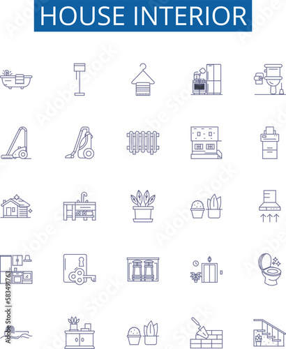 House interior line icons signs set. Design collection of Furnishings, Decor, Walls, Lighting, Ceiling, Flooring, Carpeting, Window outline concept vector illustrations