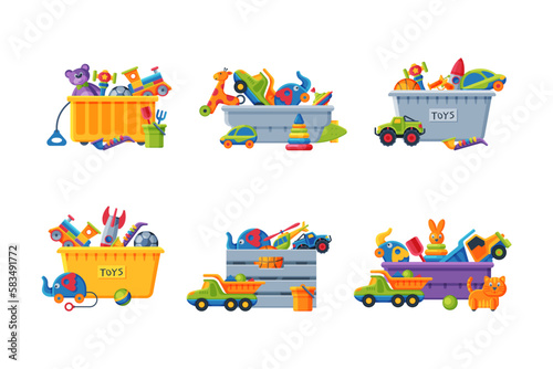 Kids Toy Box with Different Bright Plaything Vector Set photo