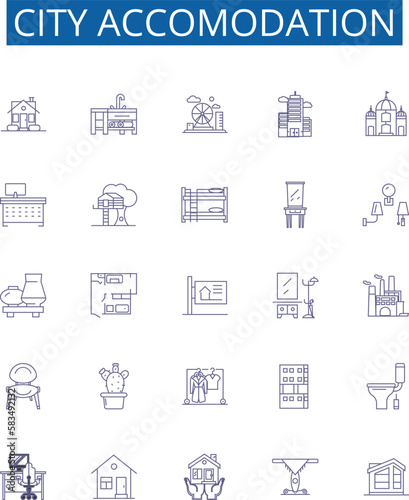 City accomodation line icons signs set. Design collection of Lodging, Accommodation, Housing, Inn, Bed and breakfast, Hotel, Hostel, Airbnb outline concept vector illustrations