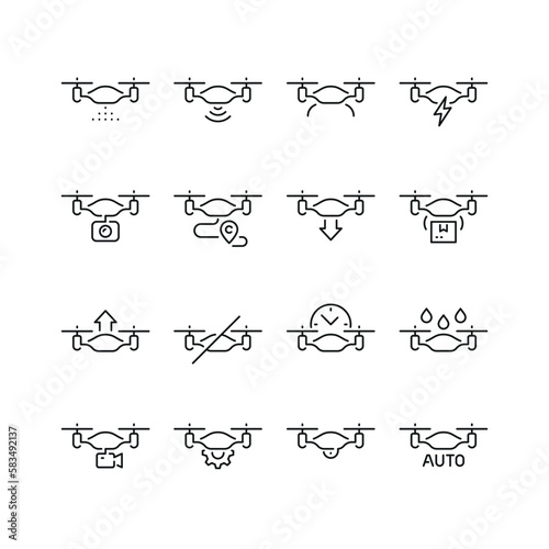 Vector line set of icons related with drone. Contains monochrome icons like drone, remote control, quadrocopter, battery, propeller and more. Simple outline sign.