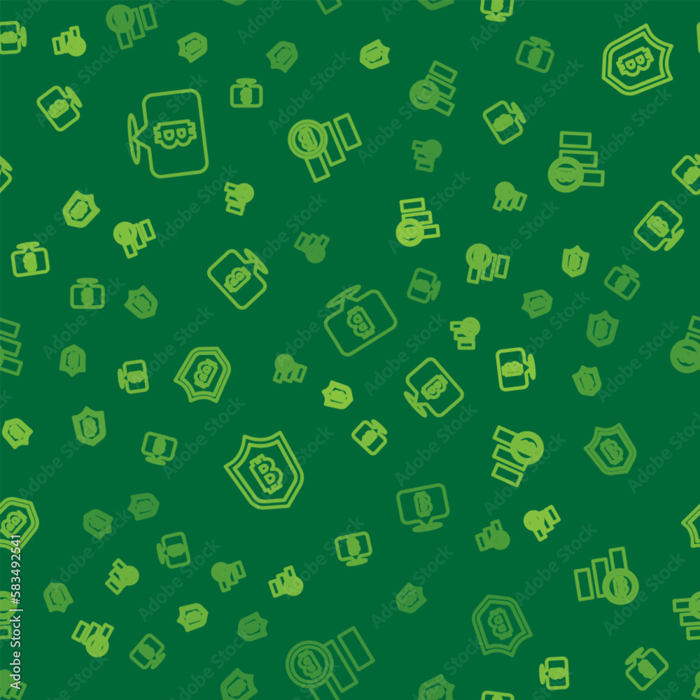 Set line Bitcoin, Shield with bitcoin and Pie chart infographic on seamless pattern. Vector